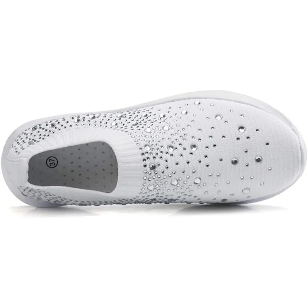 Women's Mesh Walking Shoes Rhinestone Glitter Slip On Ballroom Sneakers White